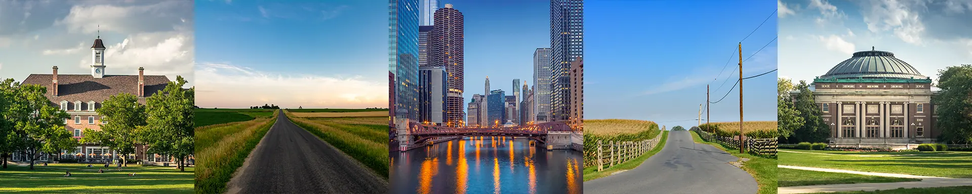 Images of various cities across northern Illinois that are part of the davenport to chicago route