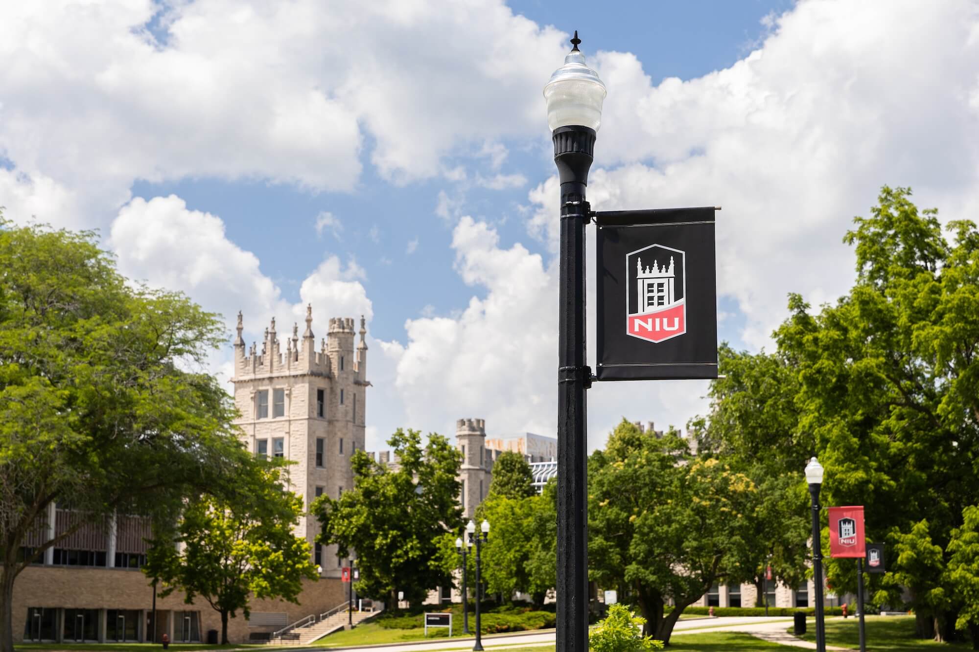 View of the NIU college campus courtyard in DeKalb Illinois, included in the Davenport to Chicago bus route
